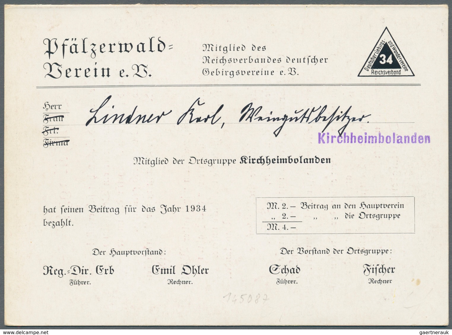 21047 Ansichtskarten: Propaganda: 1934, "Pfälzerwald-Verein E.V." Mitglied-Klappkarte, Innen Mit Vers "Wal - Political Parties & Elections