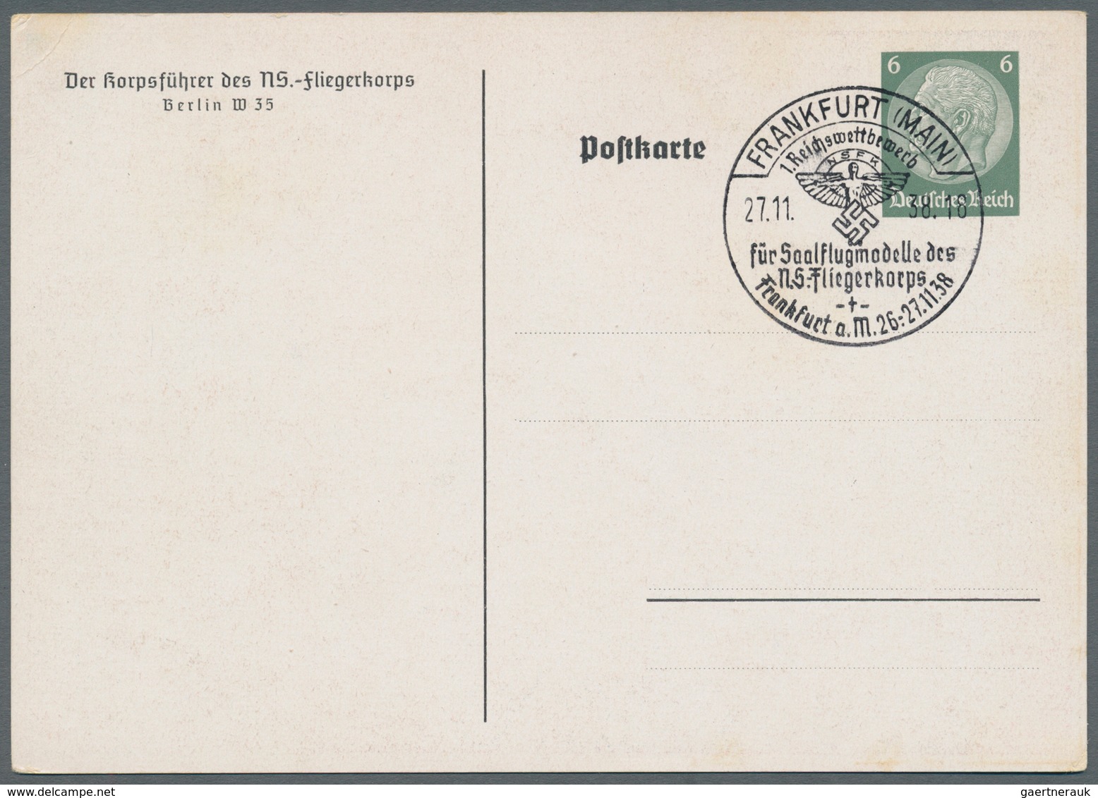 21062 Ansichtskarten: Propaganda: 1938, Dt. Reich. Privat-Postkarte 6 Pf Hindenburg "1. Reichswettbewerb F - Political Parties & Elections