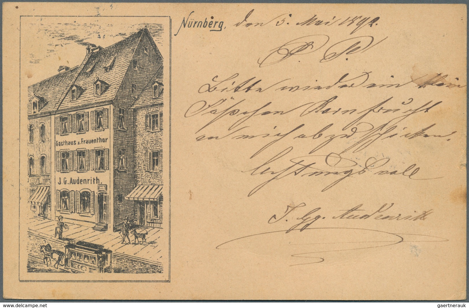 21700 Ansichtskarten: Bayern: FRANKEN: 8 Ansichtskarten - NÜRNBERG, 1892 Gasthaus zum Frauenthor mit Pferd