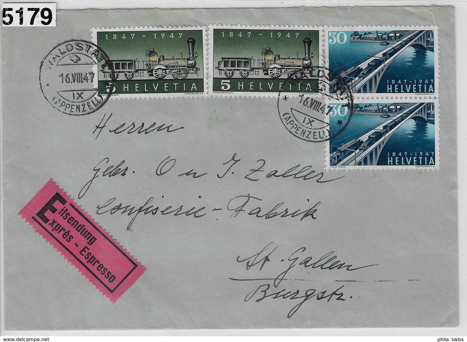 1947 100 Jahre Eisenbahn Chemin De Fer 277/484 280/487 Waldstatt To St. Gallen 16.VIII.47 Expres - Briefe U. Dokumente