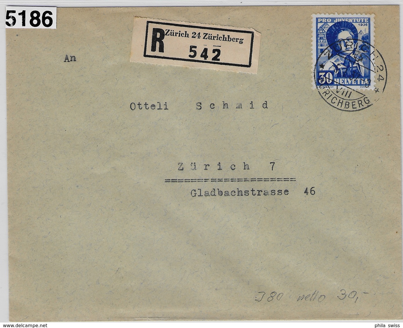 1936 Pro Juventute J80/309 Recommande Zürich Zürichberg 5.1.37 - Lettres & Documents