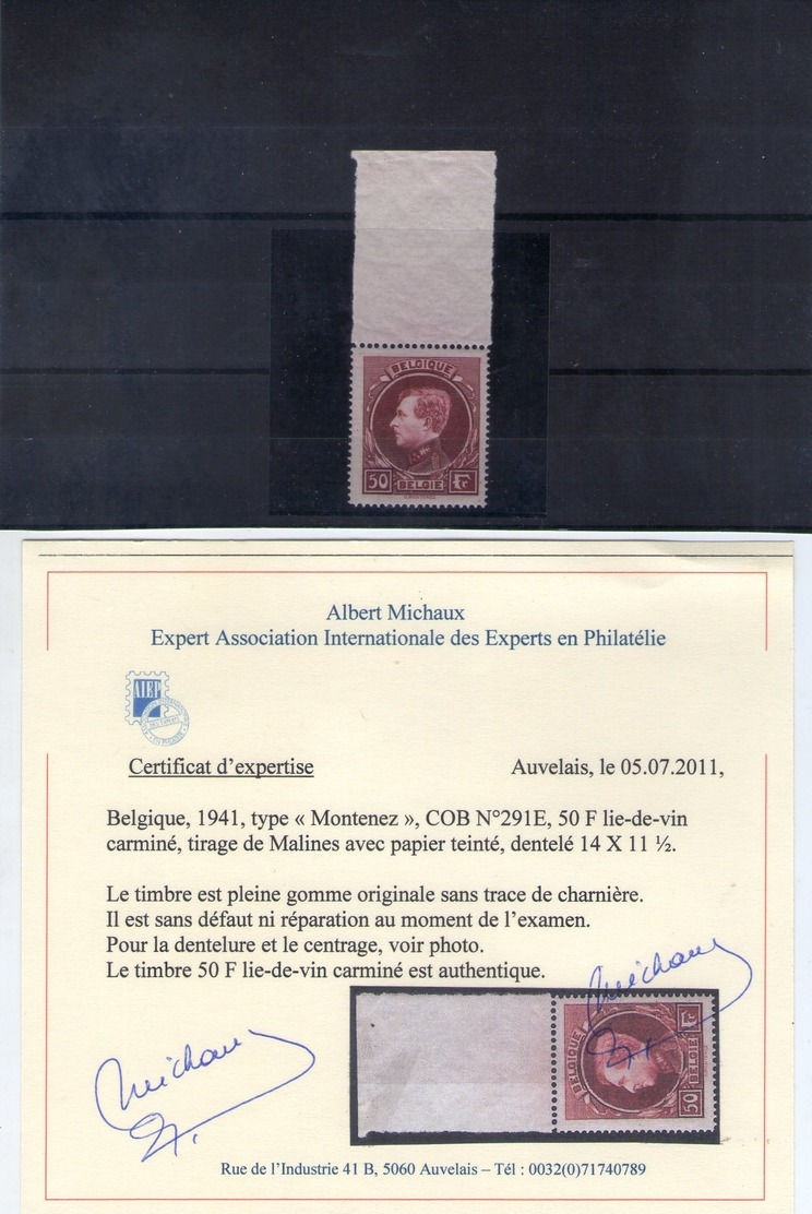 N° 291E Xx (MNH) + Bord De Feuille + Certificat MICHAUX - Unused Stamps