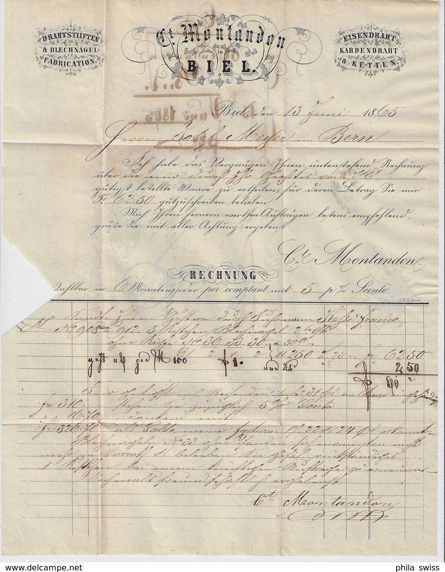 1865 Sitzende Helvetia/Helvétie Assise 31/23 Bienne 14. Jun. 65 To Bern (Montandon Eisendraht) - Lettres & Documents