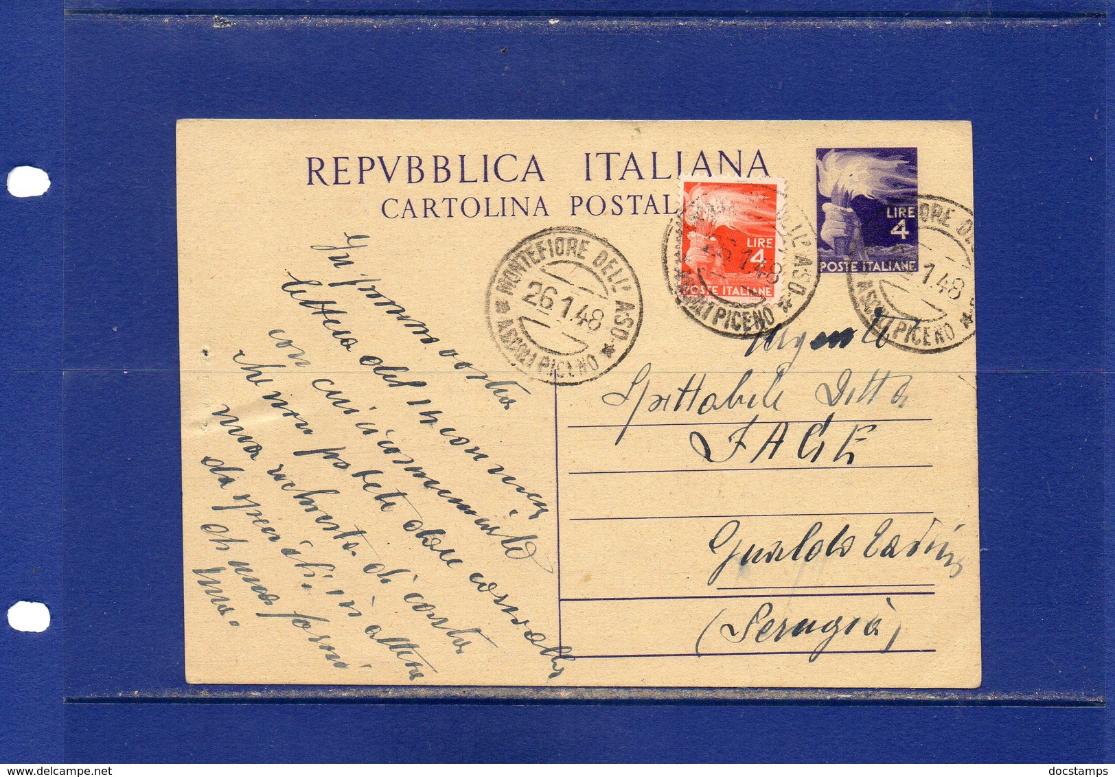 ##(DAN185/1)-26-1-1948-cartolina Postale Democratica L.4 Filagrano C133 Da Montefiore Dell'Aso  Per Gualdo Tadino - 1946-60: Marcophilia