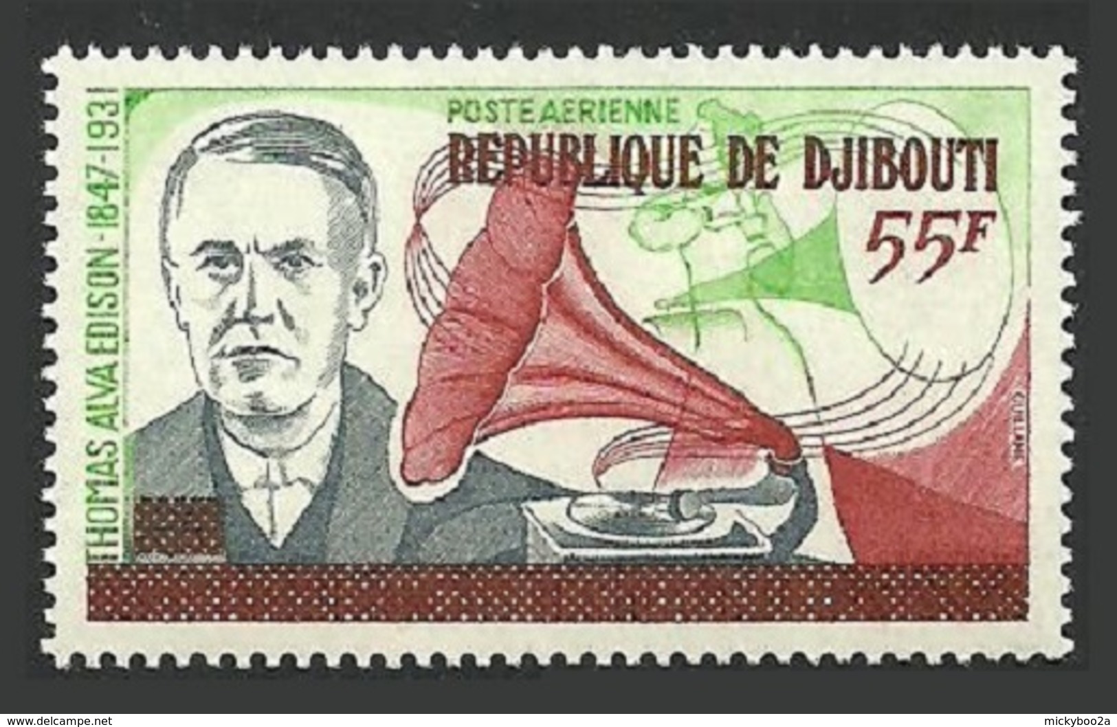 DJIBOUTI 1977 EDISON INVENTOR GRAMAPHONE OVERPRINT ON AFFARS MNH - Djibouti (1977-...)