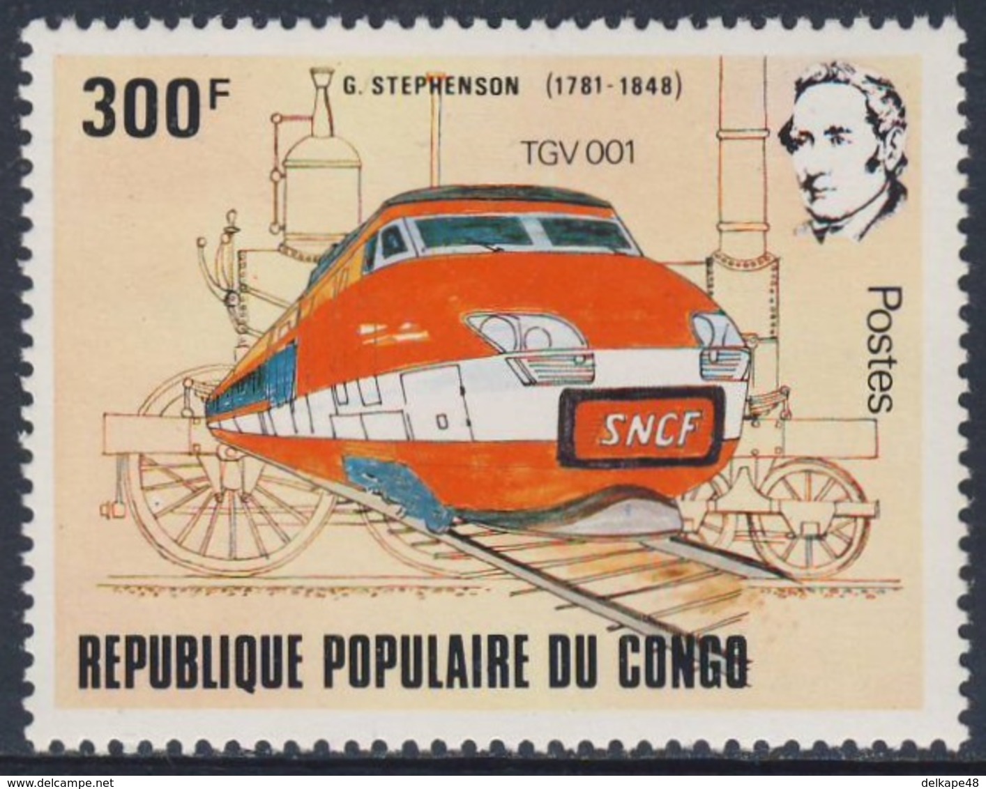 Congo Brazzaville 1982 Mi 858 YT 659 ** TGV 001 Locomotive, France - High Speed Train / Hochgeschwindigkeitszug - Eisenbahnen