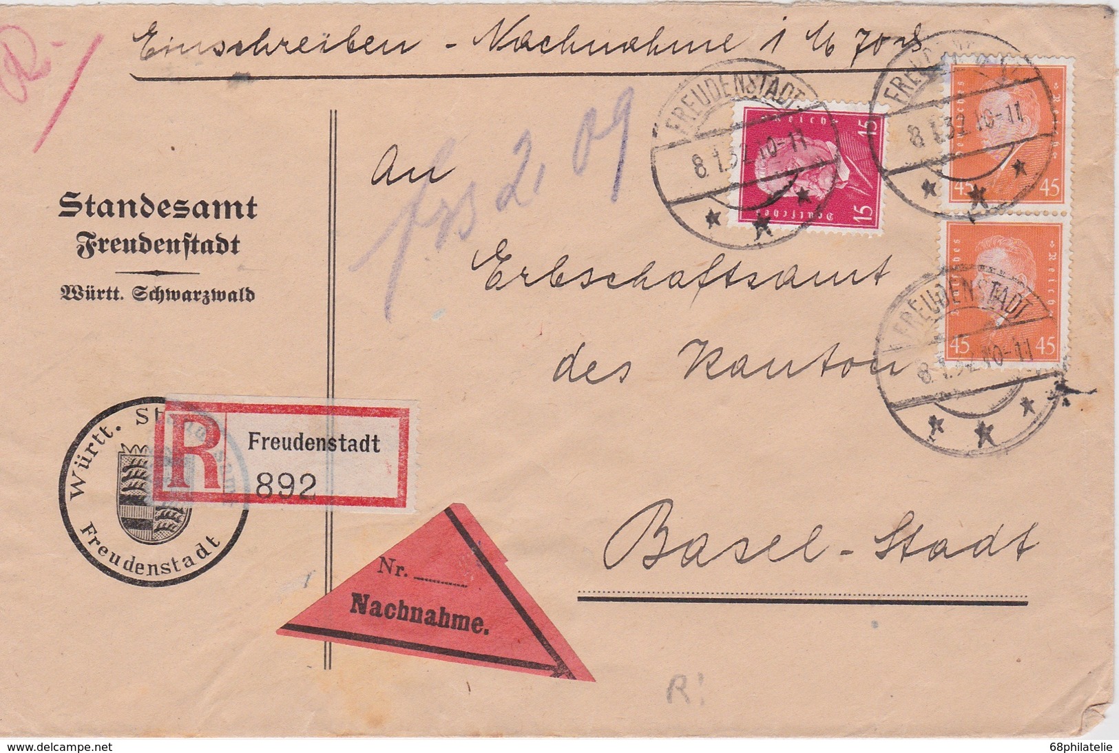 ALLEMAGNE 1932 LETTRE RECOMMANDEE EN CONTRE-REMBOURSEMENT DE FREUDENSTADT  AVEC CACHET ARRIVEE BALE - Briefe U. Dokumente