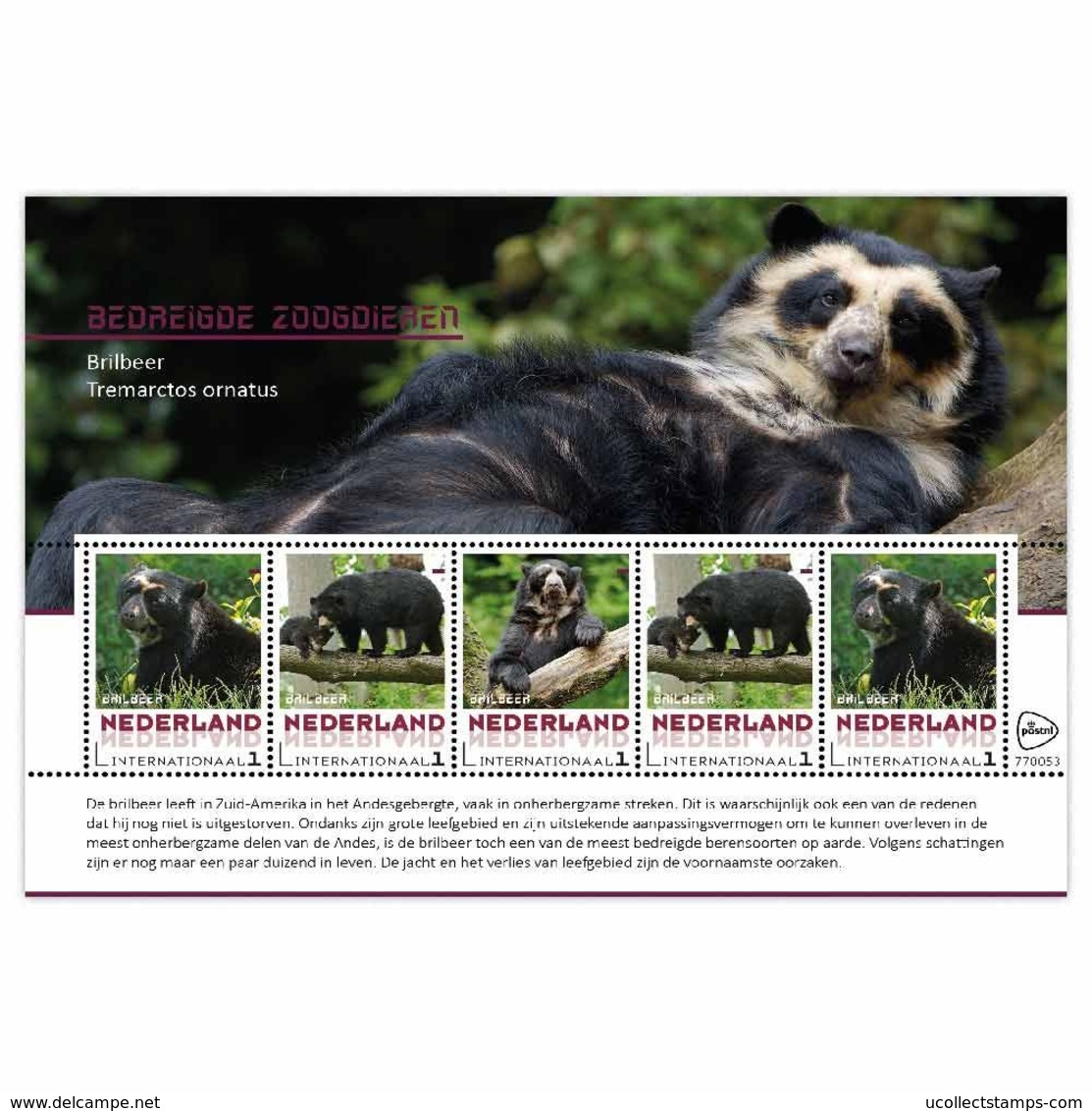 Nederland 2017 Endangered Species 21  Brilbeer Bear             Sheetlet    Postfris/mnh/sans Charniere - Neufs
