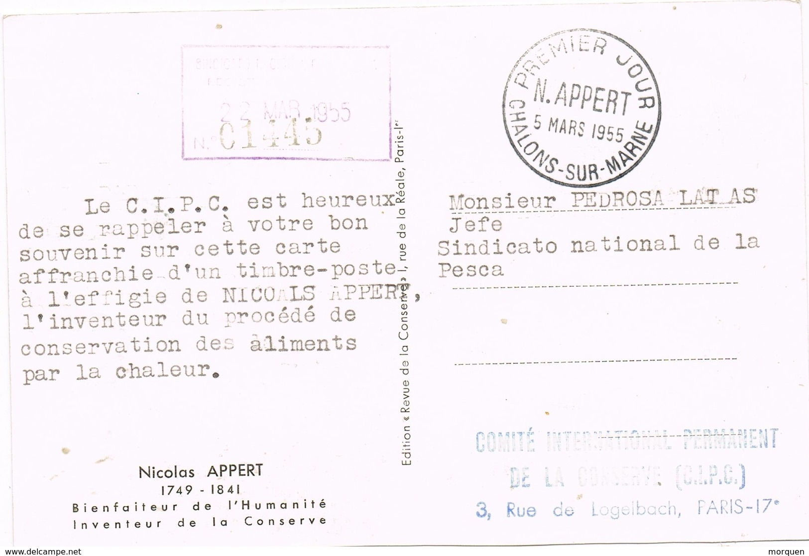 28649. Tarjeta Maxima CHALONS Sur MARNE (France) 1955. NICOLAS APPERT, Conservas - 1950-1959