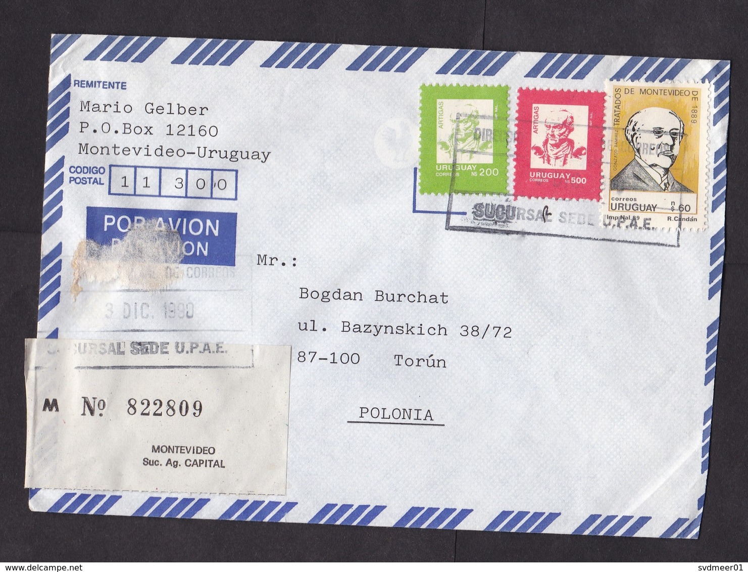 Uruguay: Registered Airmail Cover To Poland, 1990, 3 Stamps, Personalities, R-label (minor Damage) - Uruguay