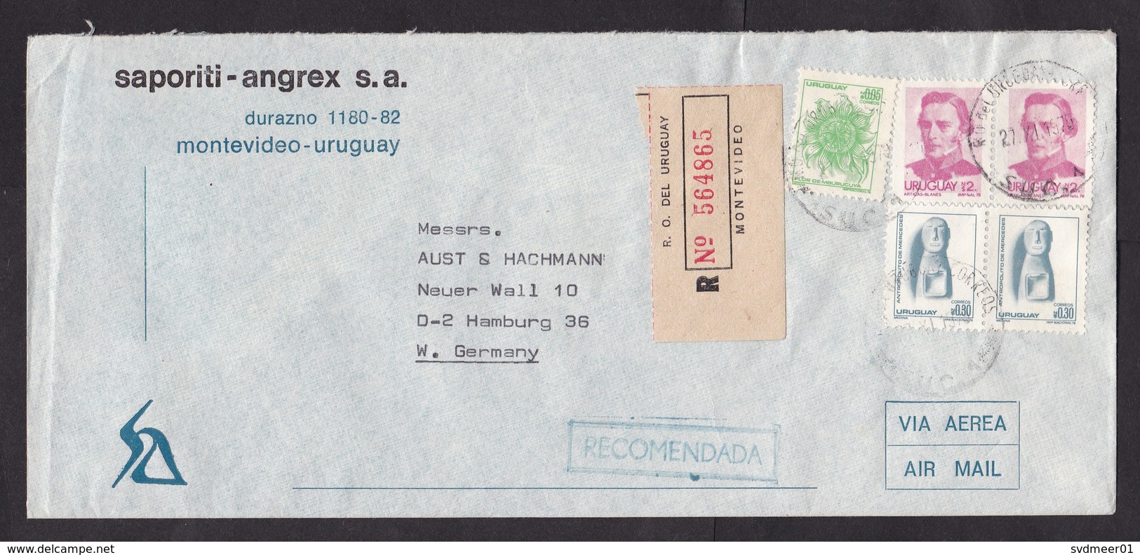 Uruguay: Registered Airmail Cover To Germany, 1979, 5 Stamps, Flower, Scultpture, Heritage, R-label (traces Of Use) - Uruguay