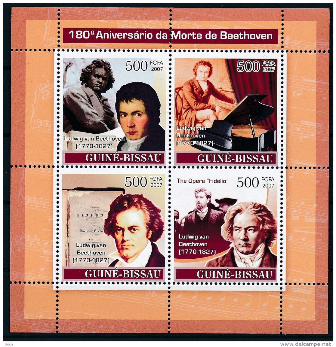 D- [401113] **/Mnh-Guinée-Bissau 2008 - 180ème Anniversaire De La Mort De Beethoven - Musique