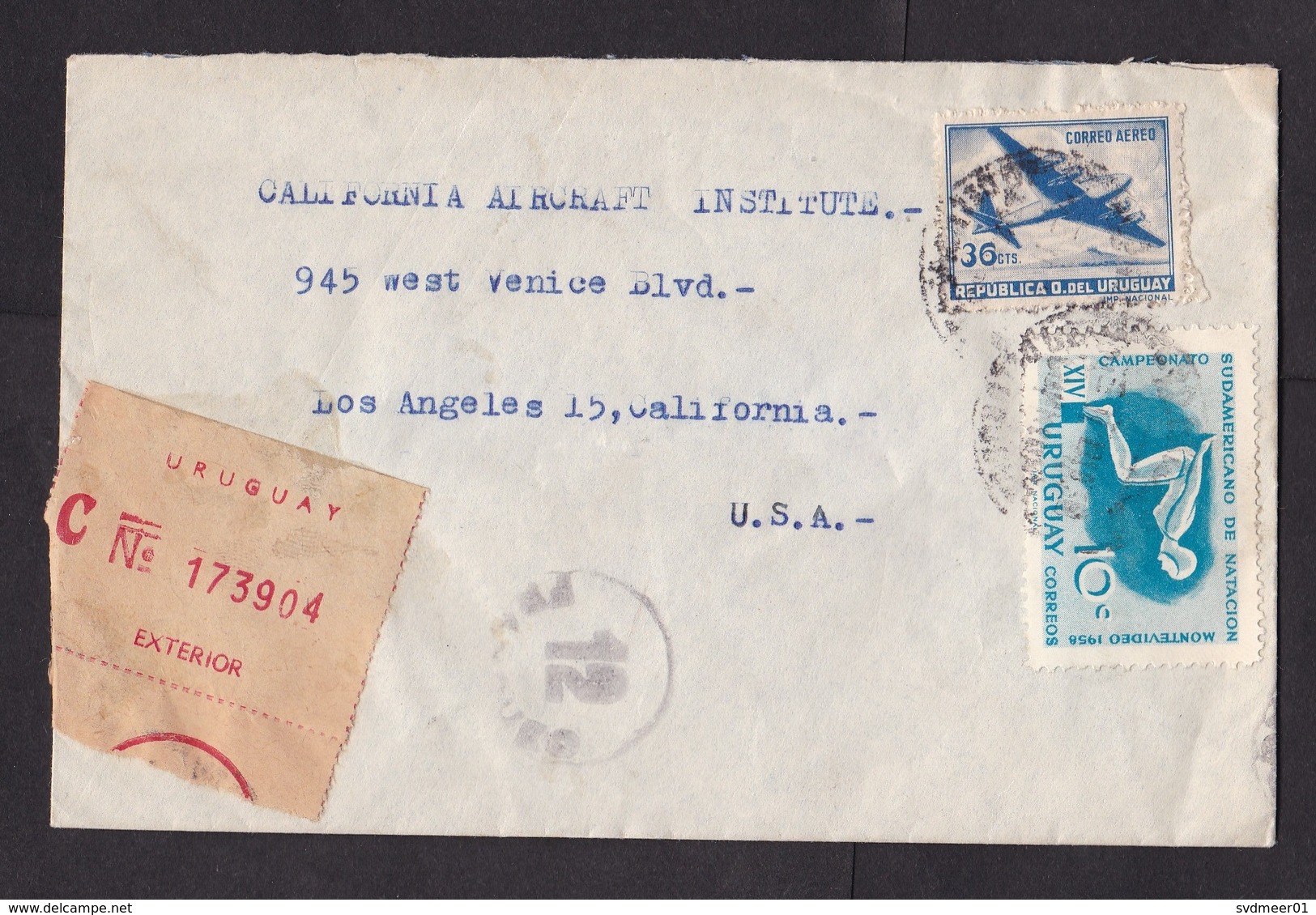 Uruguay: Registered Cover To USA, 1958, 2 Stamps, Championship Swimming, Sports, Airplane, R-label ( Minor Damage) - Uruguay