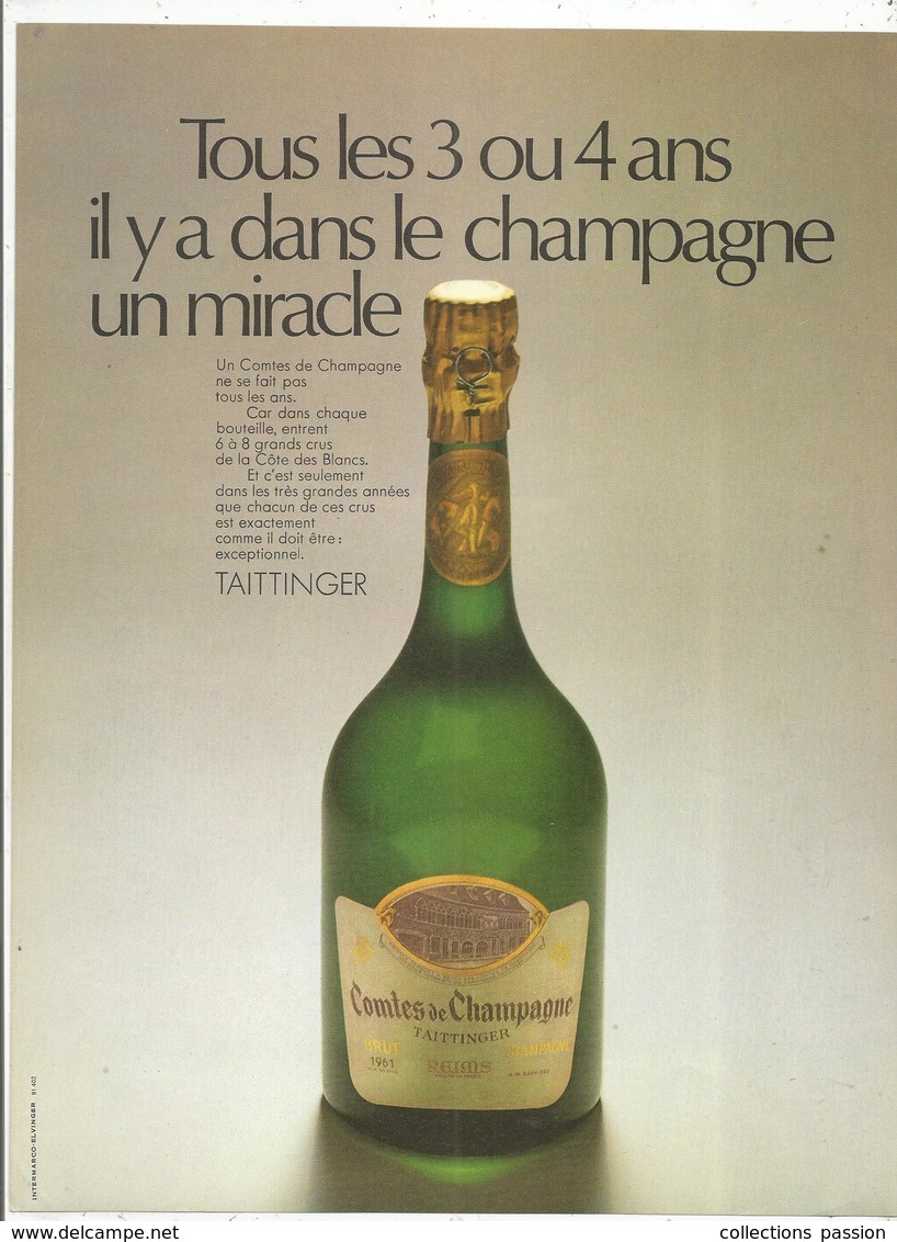 Publicité , Issue Magazine , 1970  , Alcool , COMTES DE CHAMPAGNE , TAITTINGER, Frais Fr : 1.45 E - Publicités