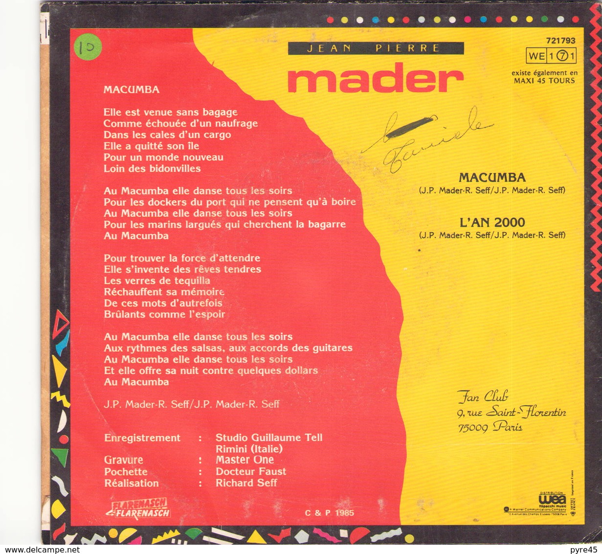 45 TOURS JEAN PIERRE MADER WEA 721793 MACUMBA / L AN 2000 1985 - Autres - Musique Française