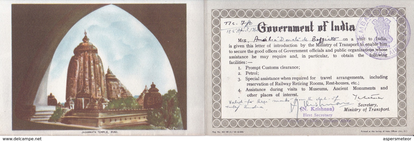 INDIA TOURIST INTRODUCTION CARD. GOUVERMENT OF INDIA, EMBASSY BUENOS AIRES. JAGANNATH TEMPLE, PURI.-BLEUP - India