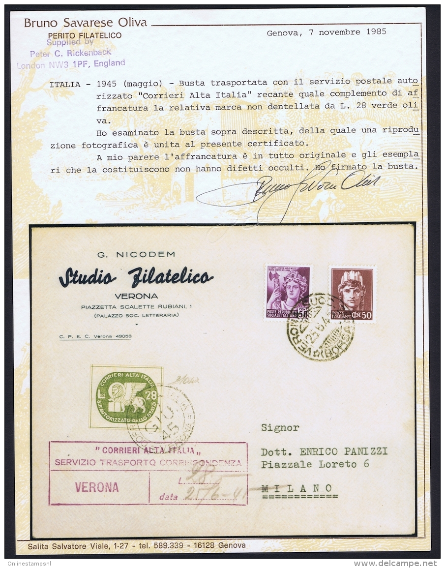 Italy: Corrieri Alta Italia  Privat Postal Service 1945 On Registered Letter With Certificate B Savarese Oliva - Marcofilía