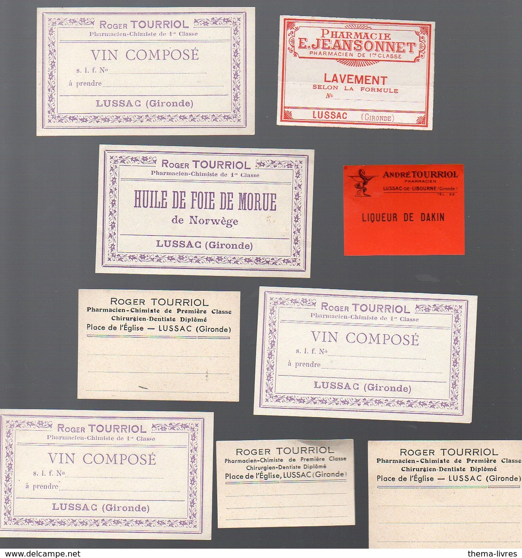 Lussac (33 Gironde) Lot  De 9 étiquettes (dont Doubles ) De La Pharmacie TOURRIOL (PPP12440) - Publicités