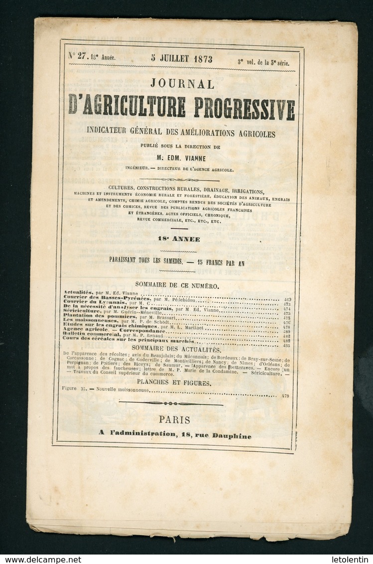 JOURNAL D'AGRICULTURE (INDICATEUR GENERAL DES AMELIORATIONS AGRICOLES) N° 27  DU 5 /7/1873 - 1850 - 1899