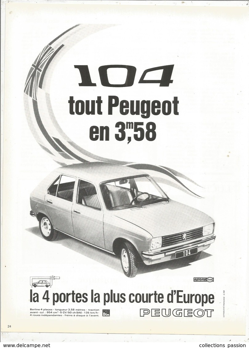 Publicité , Issue Magazine , 1970  , Automobiles , PEUGEOT 104, 4 PORTES , Frais Fr : 1.45 E - Publicidad