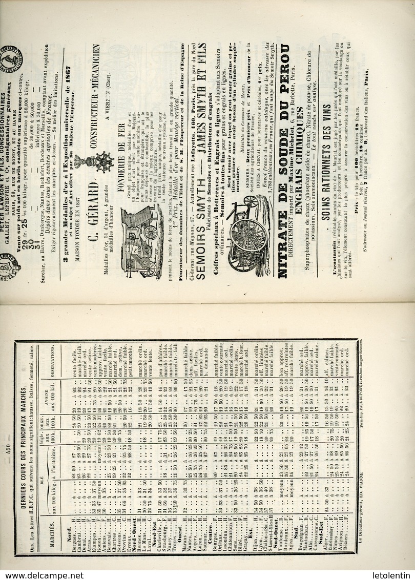 JOURNAL D'AGRICULTURE PROGRESSIVE (INDICATEUR GENERAL DES AMELIORATIONS AGRICOLES) N° 25  DU 21/6/1873 - 1850 - 1899