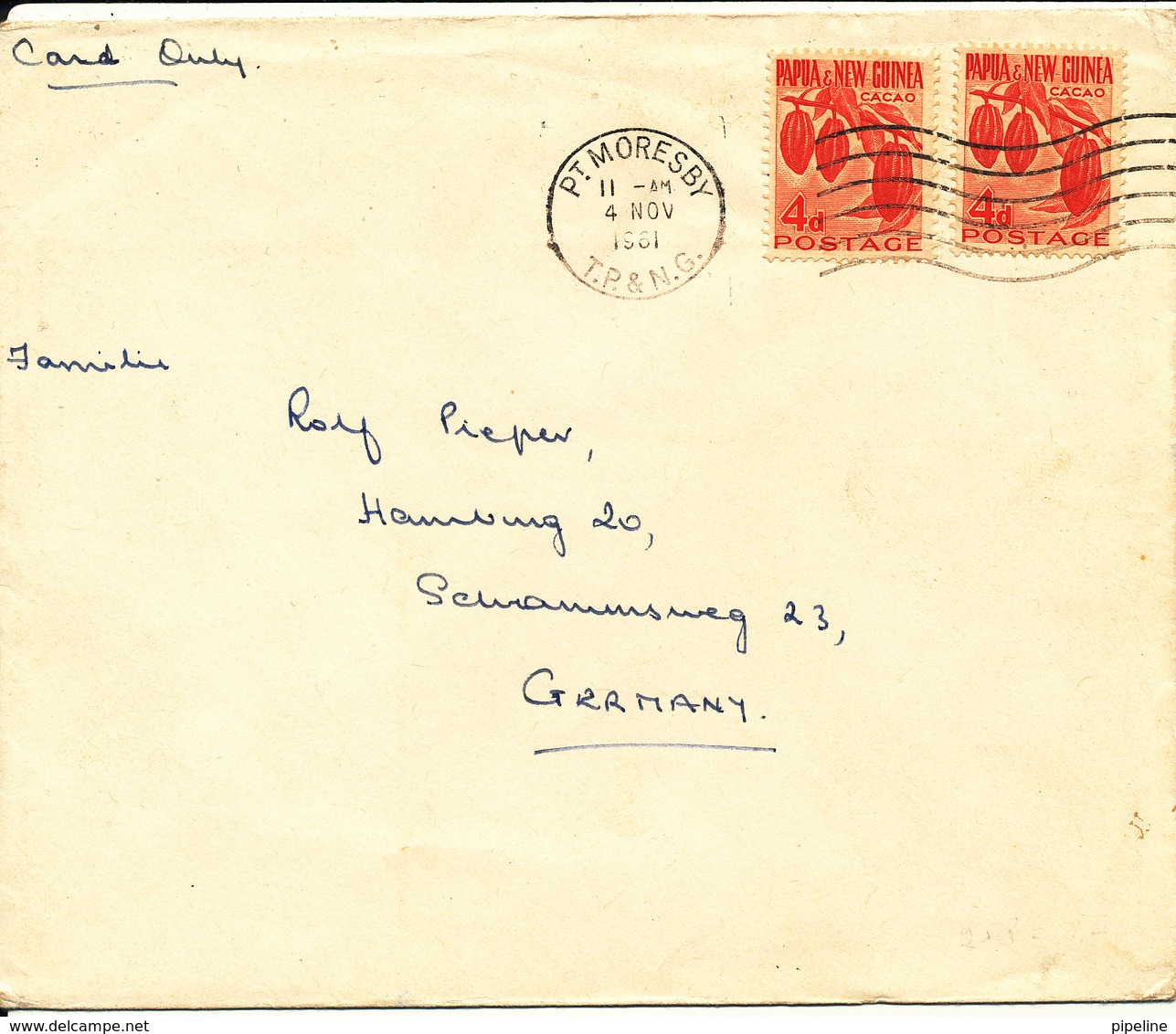 Papua New Guinea Cover Sent To Germany PT Moresby 4-11-1961 - Papua New Guinea