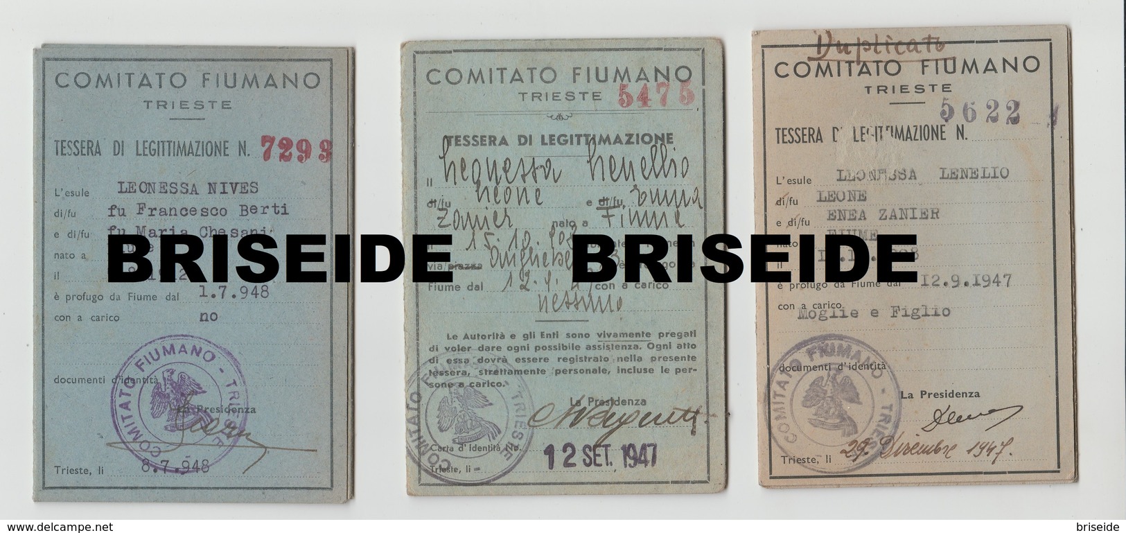 DOCUMENTI COMITATO FIUMANO TRIESTE FIUME RIJEKA REKA  PROFUGHI TESSERE DI LEGITTIMAZIONE CROCE ROSSA UDINE 1947 1948 - Documenti Storici