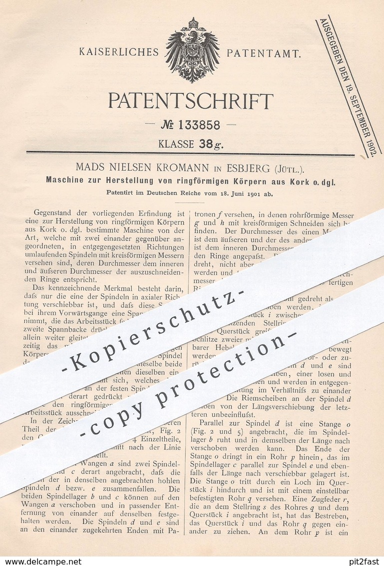 Original Patent - Mads Nielsen Kromann , Esbjerg , Jütland , 1901 , Herst. Ringförmiger Körper Aus Kork | Korken - Historische Dokumente