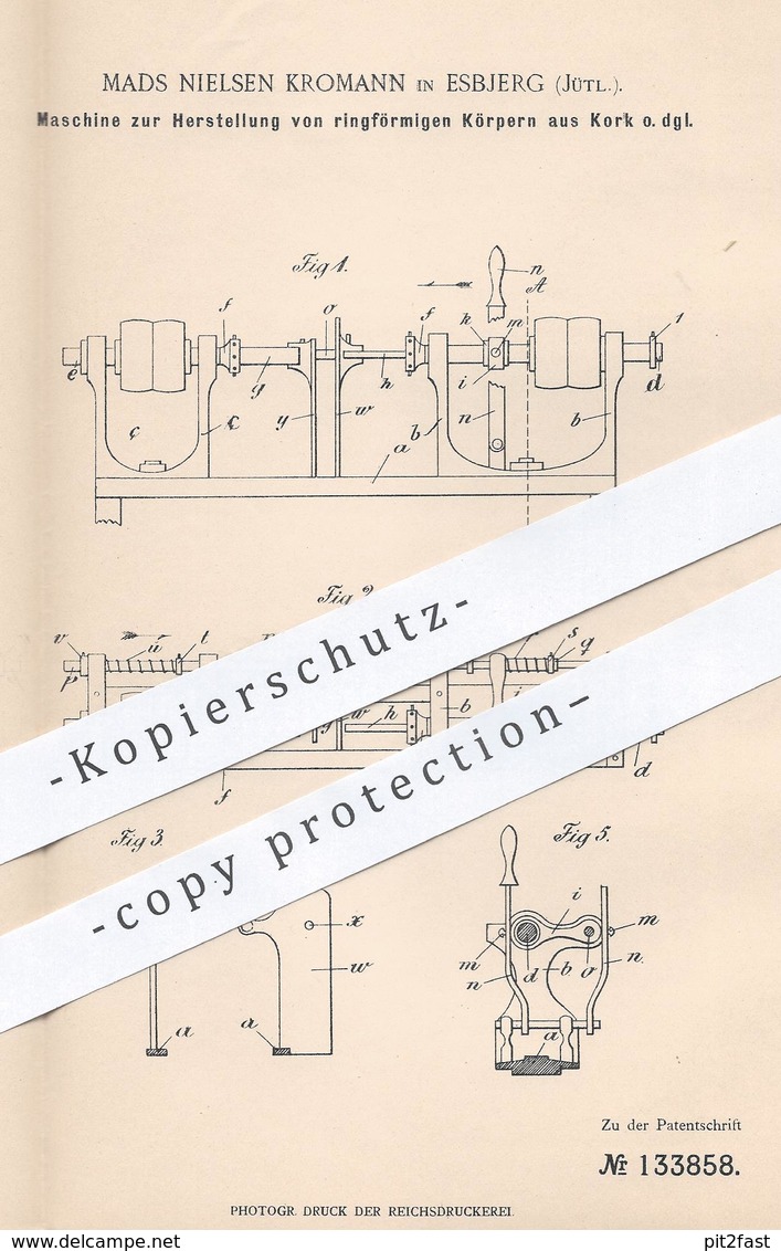 Original Patent - Mads Nielsen Kromann , Esbjerg , Jütland , 1901 , Herst. Ringförmiger Körper Aus Kork | Korken - Historische Dokumente