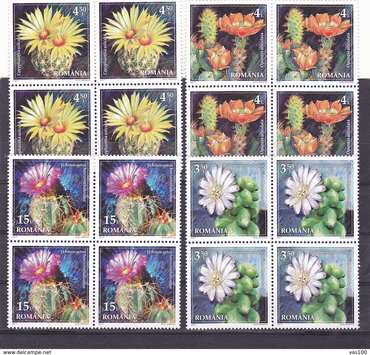 CACTUSSES FULL SETS IN BLOK OF FOUR,MNH,2017 ROMANIA. - Sukkulenten