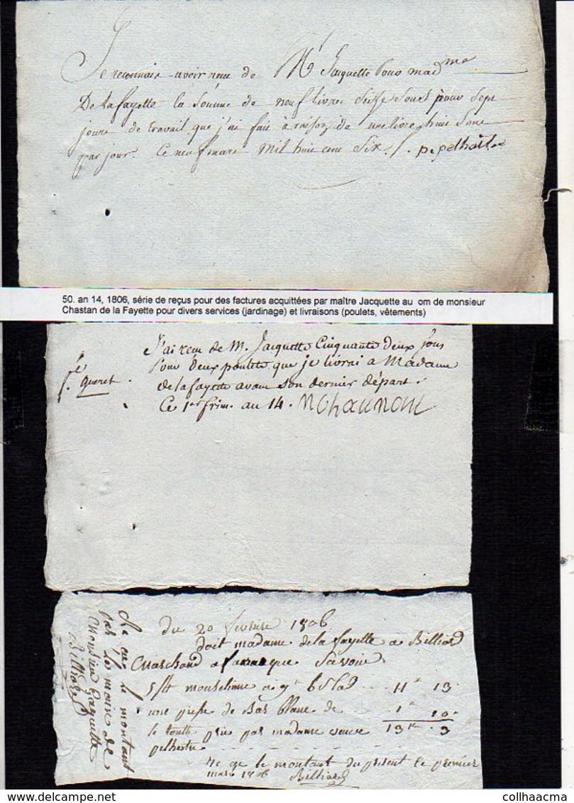 An 14 1806 Reçus Factures Acquittées Par M. Jacquette Au Nom De Mr  Chastan De La Fayette Pour Divers Services..... - Manuscrits