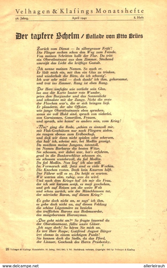 Der Tapfere Schelm (Ballade Von Otto Brues)  / Gedicht, Entnommen Aus Zeitschrift /1942 - Pacchi