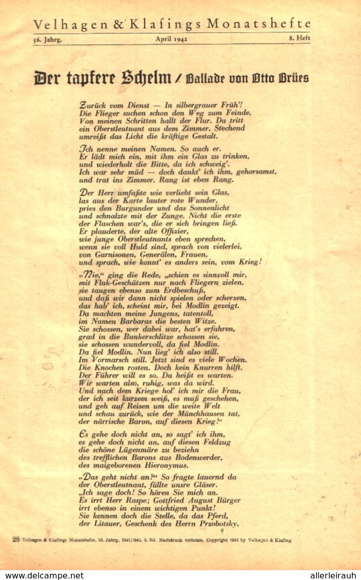 Der Tapfere Schelm (Ballade Von Otto Brues)  / Gedicht, Entnommen Aus Zeitschrift /1942 - Bücherpakete