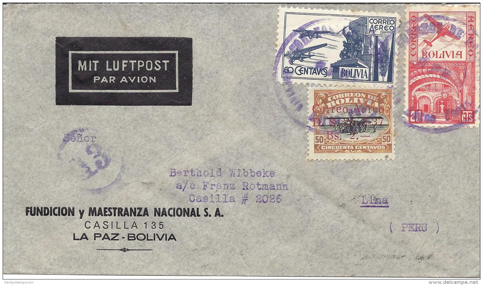 BOLIVIA 1939  COVER TO LIMA PERU MIT LUFTPOST - Bolivia