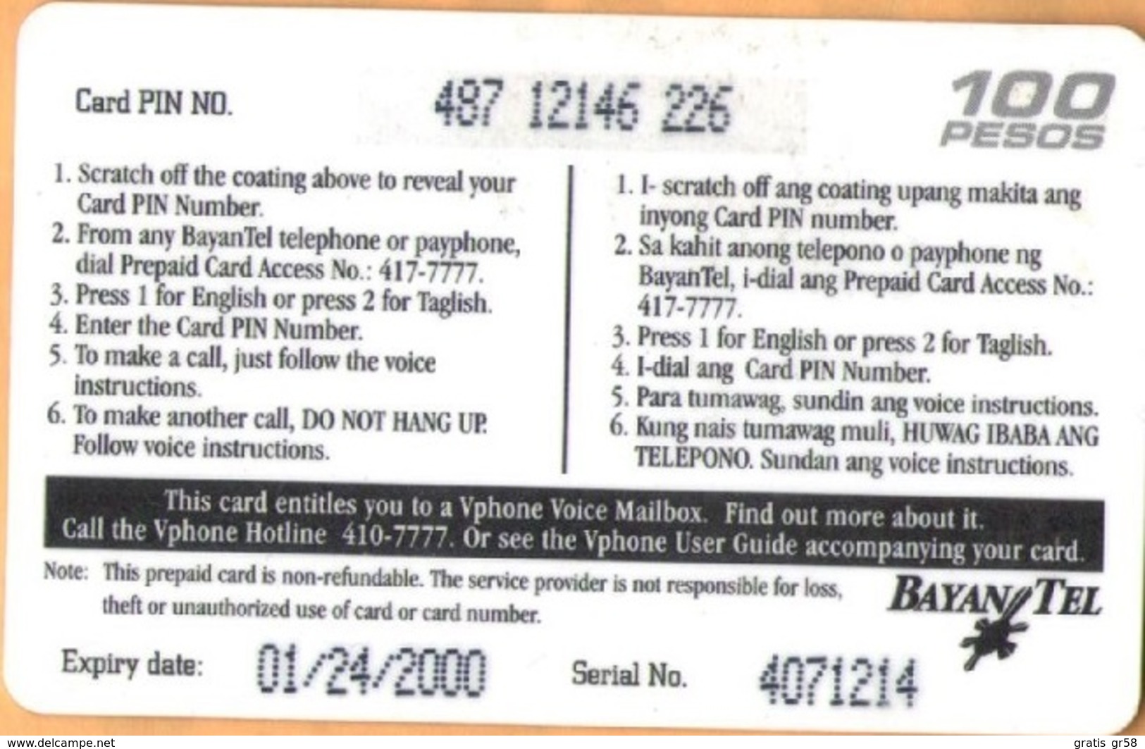 Philippines - BayanTel, Remote Memory, V Phone, 100P, Exp.Day 24/1/2000, Used - Philippines