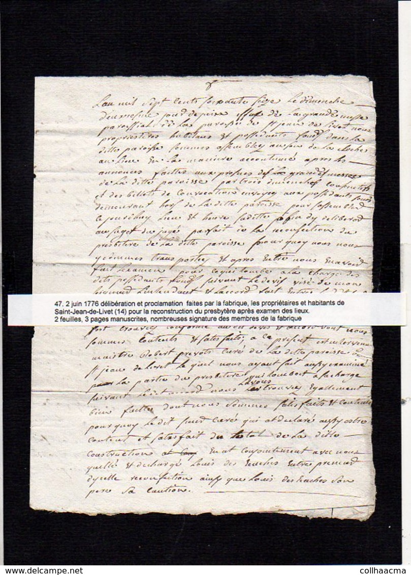 1776 Délibération,proclamation Faites Par La Fabrique Habitants De Saint Jean De Livet 14,reconstruction Presbytère - Manuscrits