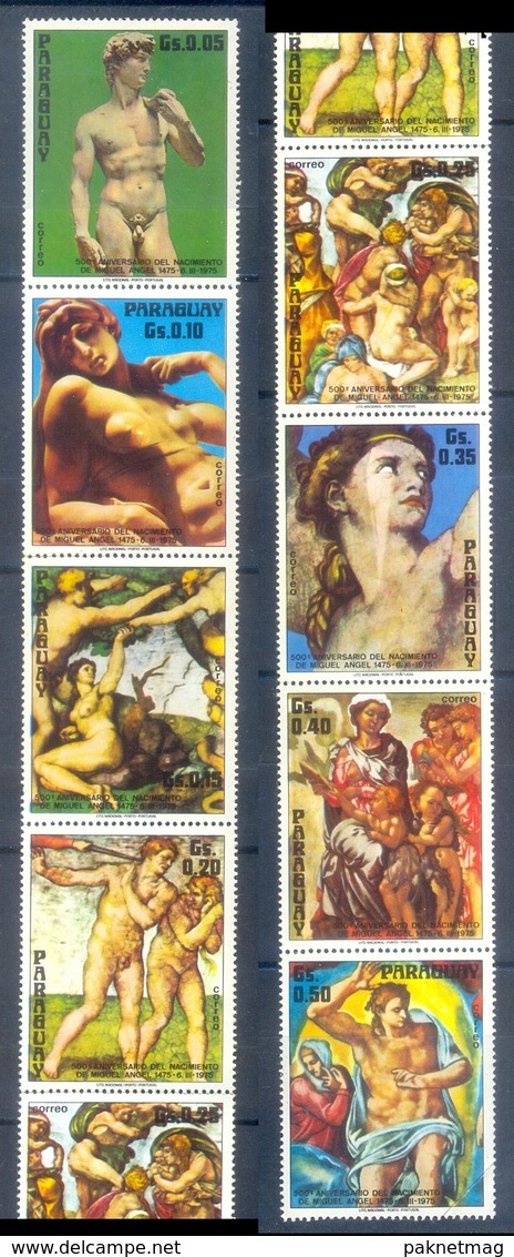 F57- Paraguay 1975. Art Painting Nudes. 500th Anniversary Of The Birth Of Michelangello Buonaroti. Complete One Strip. - Nudes