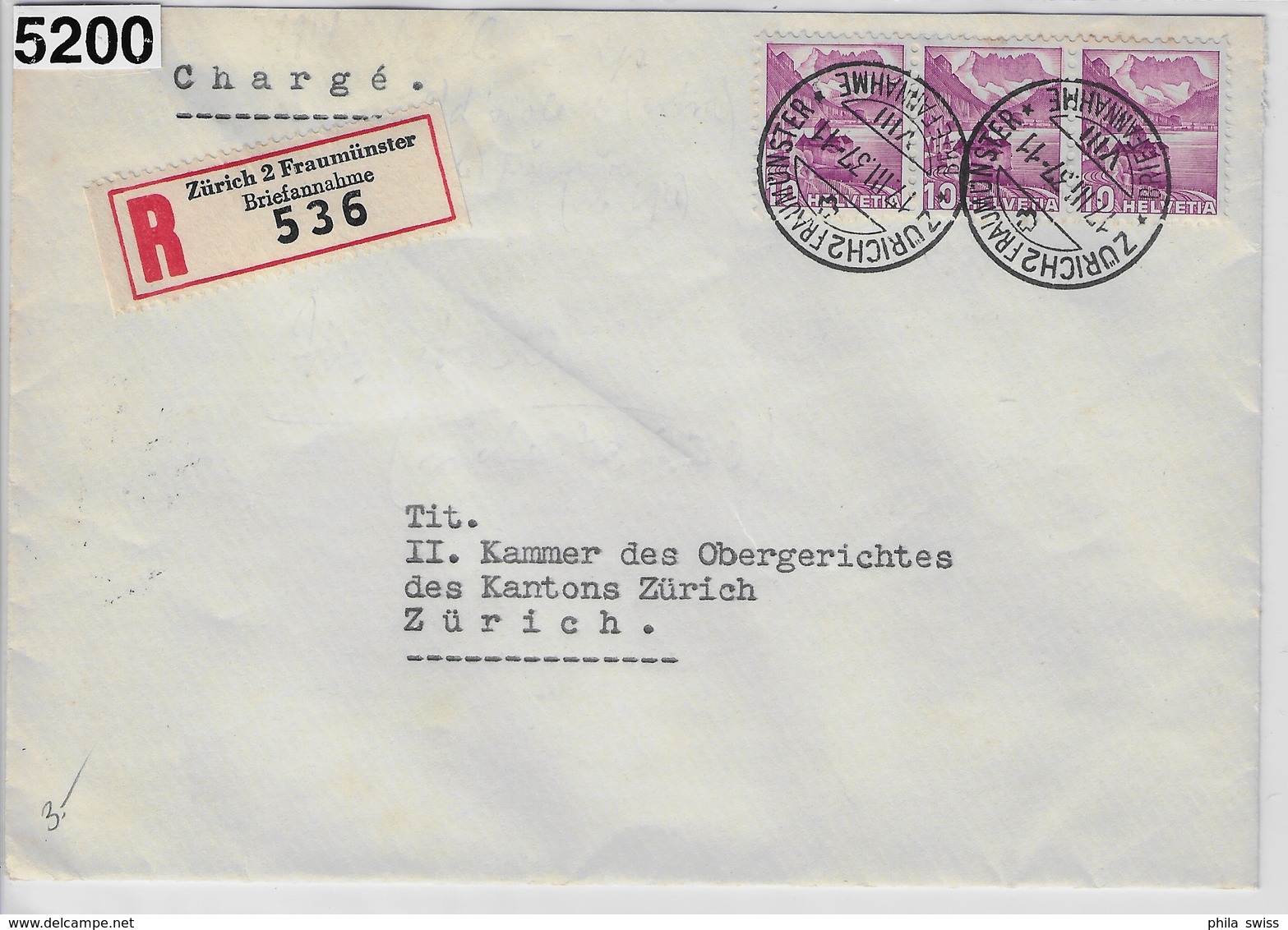 1937 Chillon 203/299 Charge Zürich 2 Fraumünster 17.III.37 - Briefe U. Dokumente
