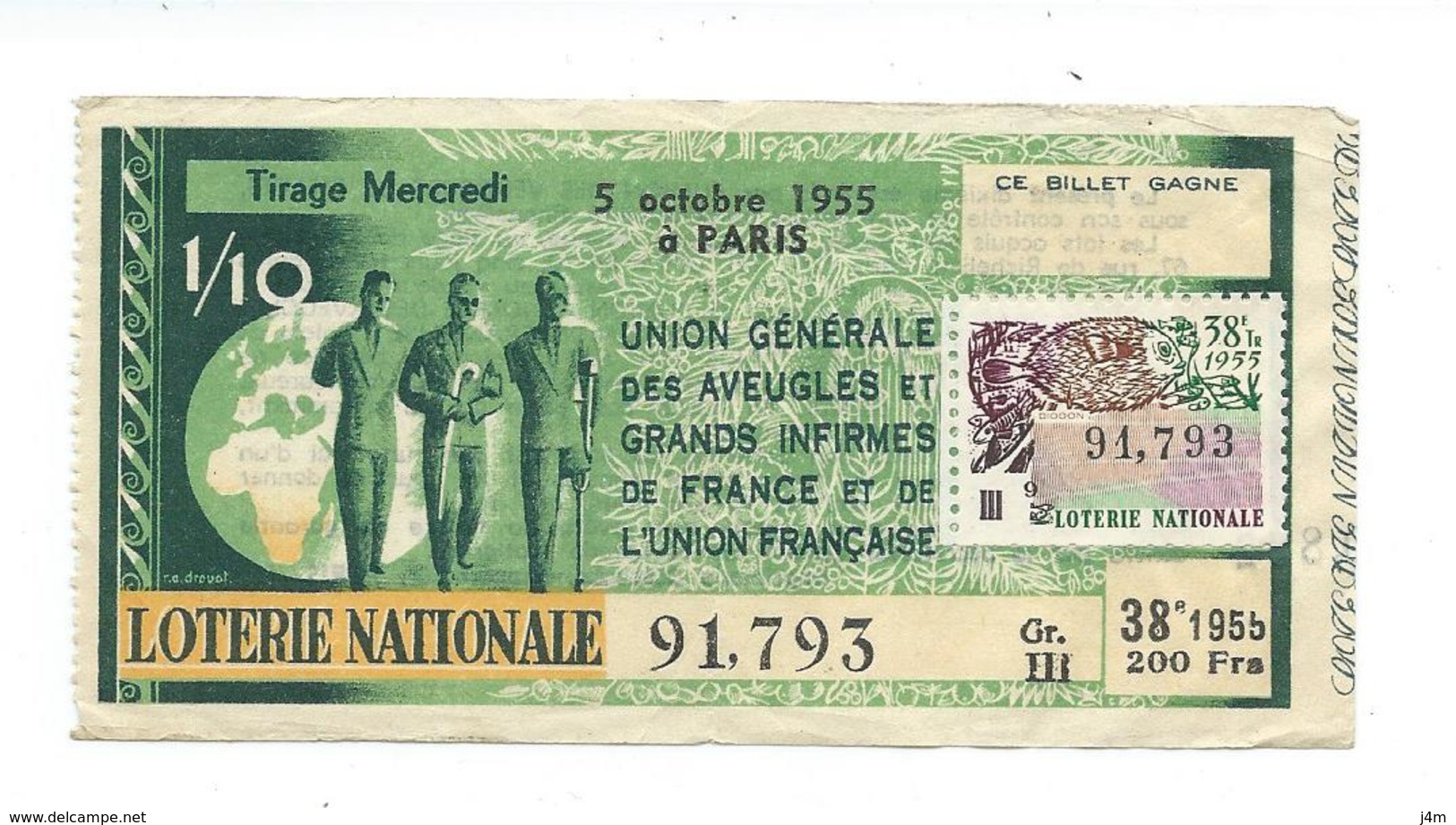 BILLET LOTERIE NATIONALE 1955 : Union Des Aveugles., Timbre Poisson., TR 38 GR III - Billets De Loterie
