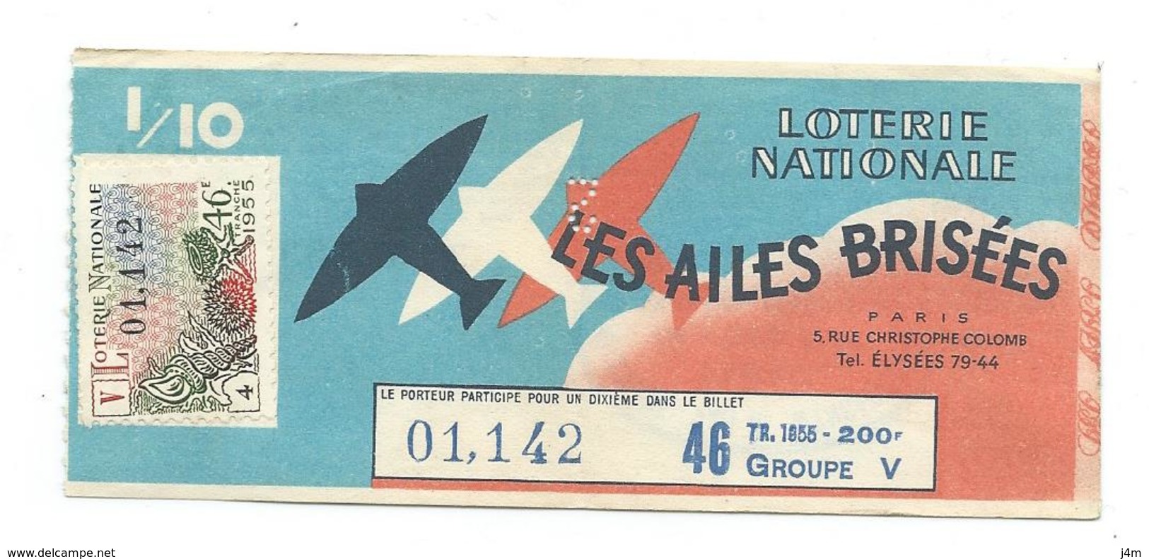 BILLET LOTERIE NATIONALE 1955 : Les Ailes Brisées., Timbre Coquillages., TR 46 GR V - Billets De Loterie