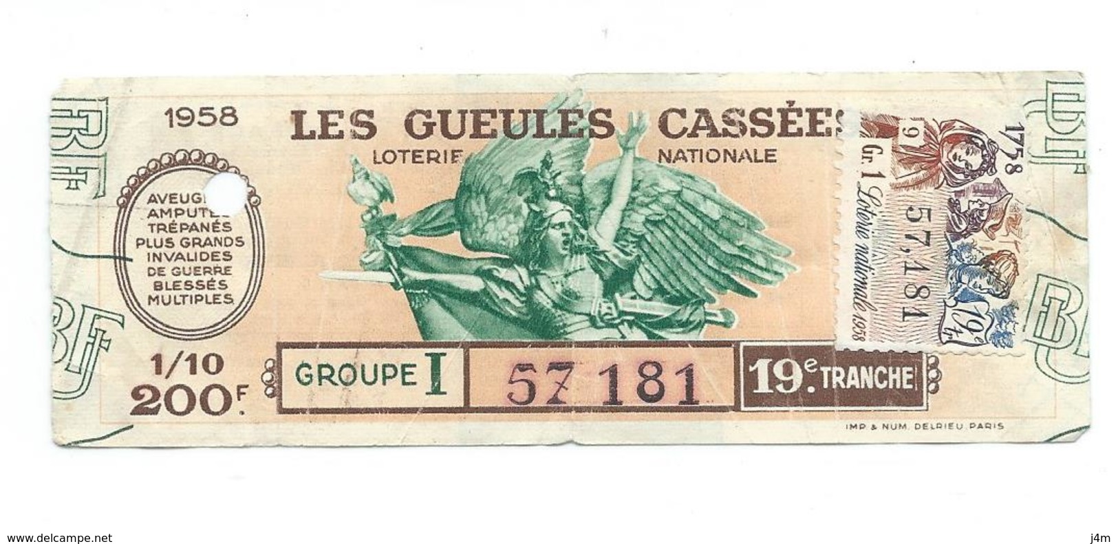 BILLET LOTERIE NATIONALE 1958 : Les Gueules Cassèes, Timbre 1758., TR 19 GR I - Billets De Loterie