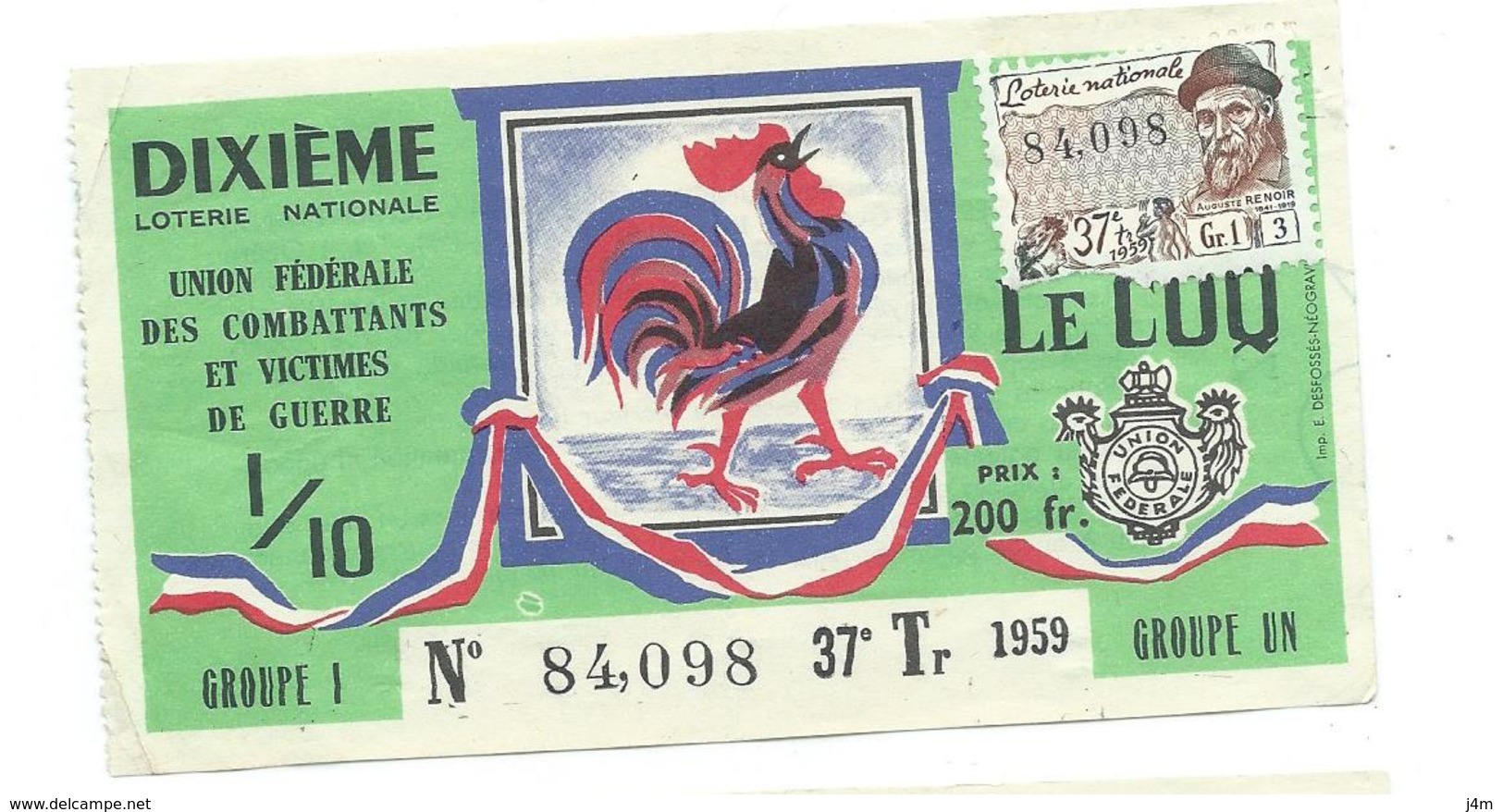 BILLET LOTERIE NATIONALE 1959..LE COQ., Timbre Auguste Renoir, TR 37 GR I - Billets De Loterie