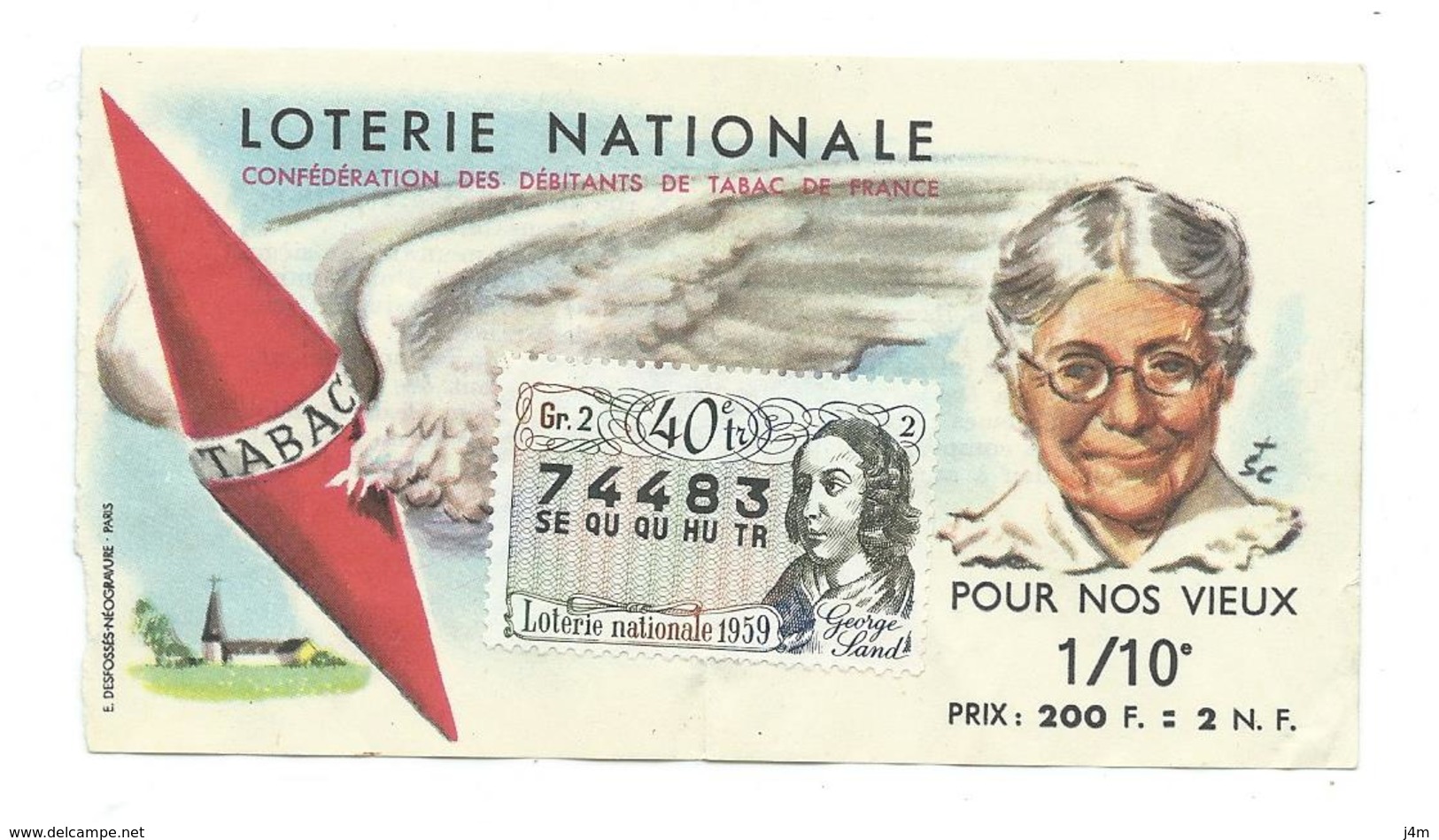 BILLET LOTERIE NATIONALE 1959..Débitants De Tabac., Timbre George Sand, TR 40 GR 2 - Billets De Loterie