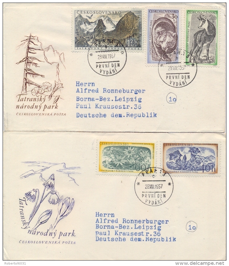 Czechoslovakia 1957 FDC 2 Posted Covers Tatra Mountains National Park Chamois Bear Gentian Edelweiss - Protezione Dell'Ambiente & Clima