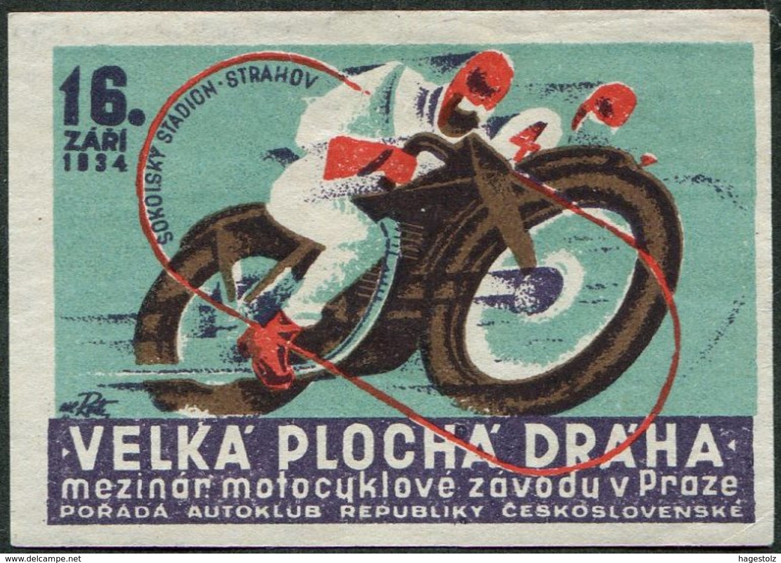 MOTORCYCLE 1934 Czechoslovakia Praha Prague Motosport Motocycle Moto Bike Motorbike Motorrad Cycling Vignette Poster - Motorbikes