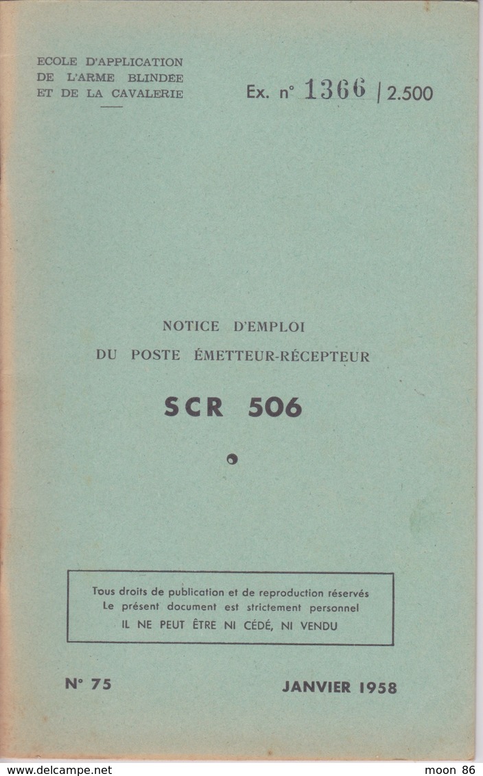 MILITARIA - NOTICE D'EMPLOI DU POSTE EMETTEUR RÉCEPTEUR SCR 506 - Instruction MILITAIRE - Autres & Non Classés