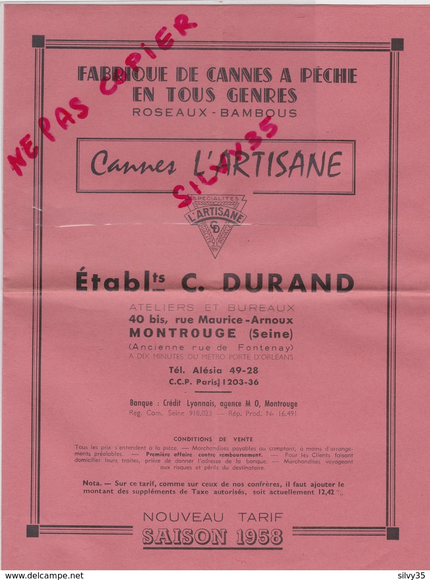 PECHE - TARIF  1958 1959 1961 - CANNES A PECHE L'ARTISANE - ETS DURAND - MONTROUGE - Autres & Non Classés