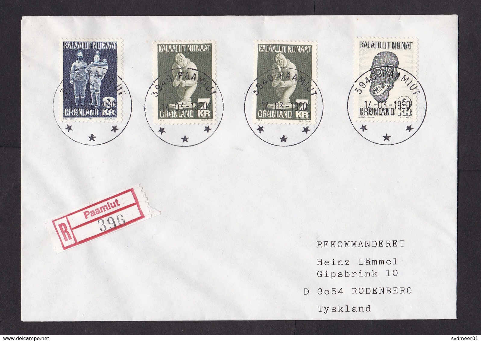 Greenland: Registered Cover To Germany, 1970, 4 Stamps, Sculptures, Art, Rare R-label Paamiut (traces Of Use) - Brieven En Documenten