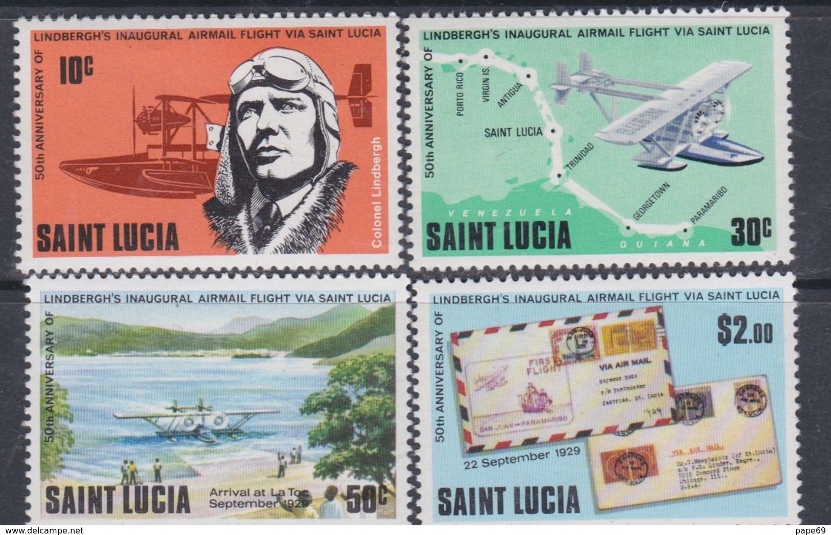 Sainte-Lucie N° 477 / 80 XX 50ème Anniversaire Du Vol De Charles Lindberg La Série Des 4 Valeurs Sans Charnière, TB - St.Lucie (1979-...)