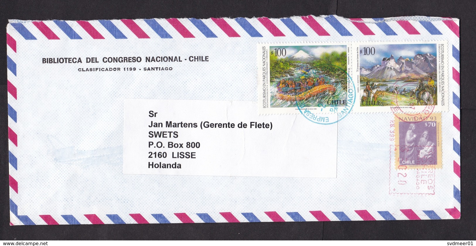 Chile: Airmail Cover To Netherlands, 1997, 3 Stamps, Meter, Tourism, Rafting, Horse Riding, Mountains (roughy Opened) - Chili